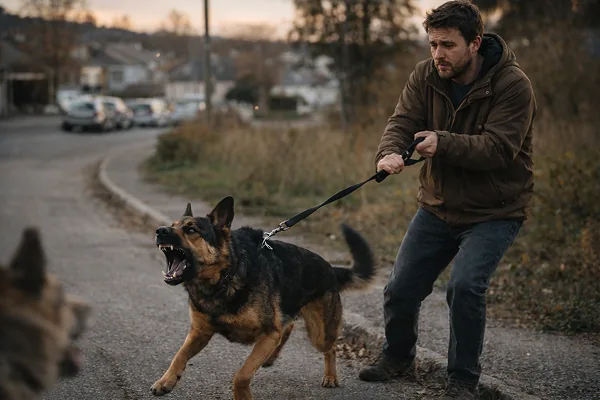 Chien tenu en laisse courte, tendu et aboyant vers l’avant pendant une promenade