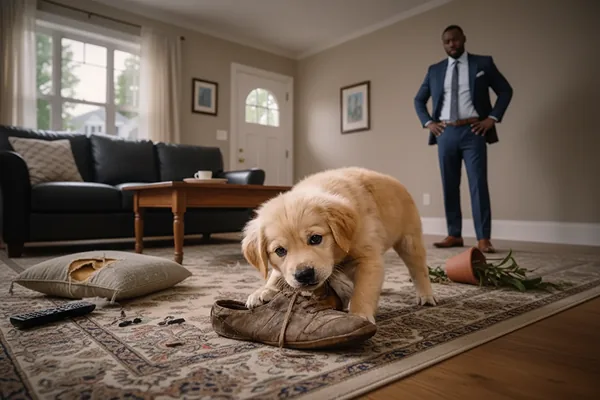 Chiot en train de mordiller le pied d’un meuble en bois
